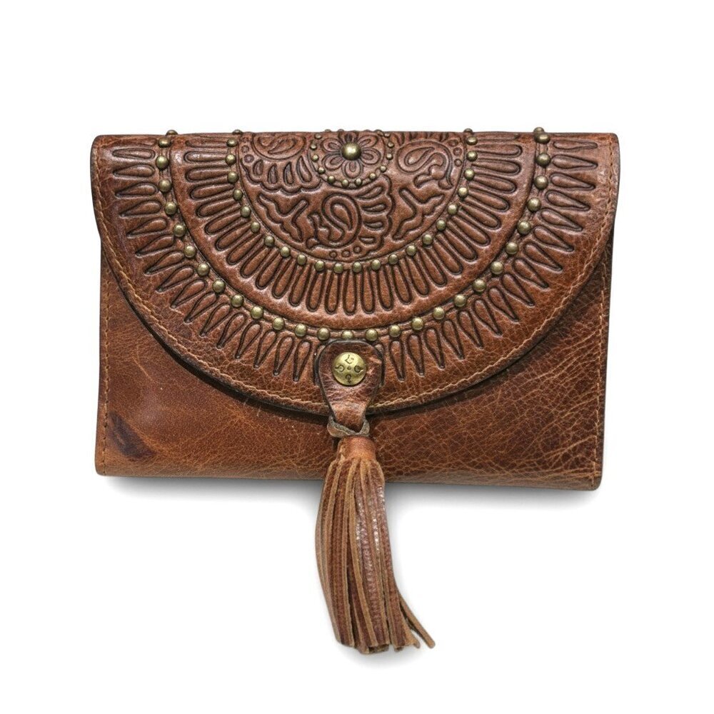 Patricia Nash Colli Brown Leather Trifold Tasseled Wallet
